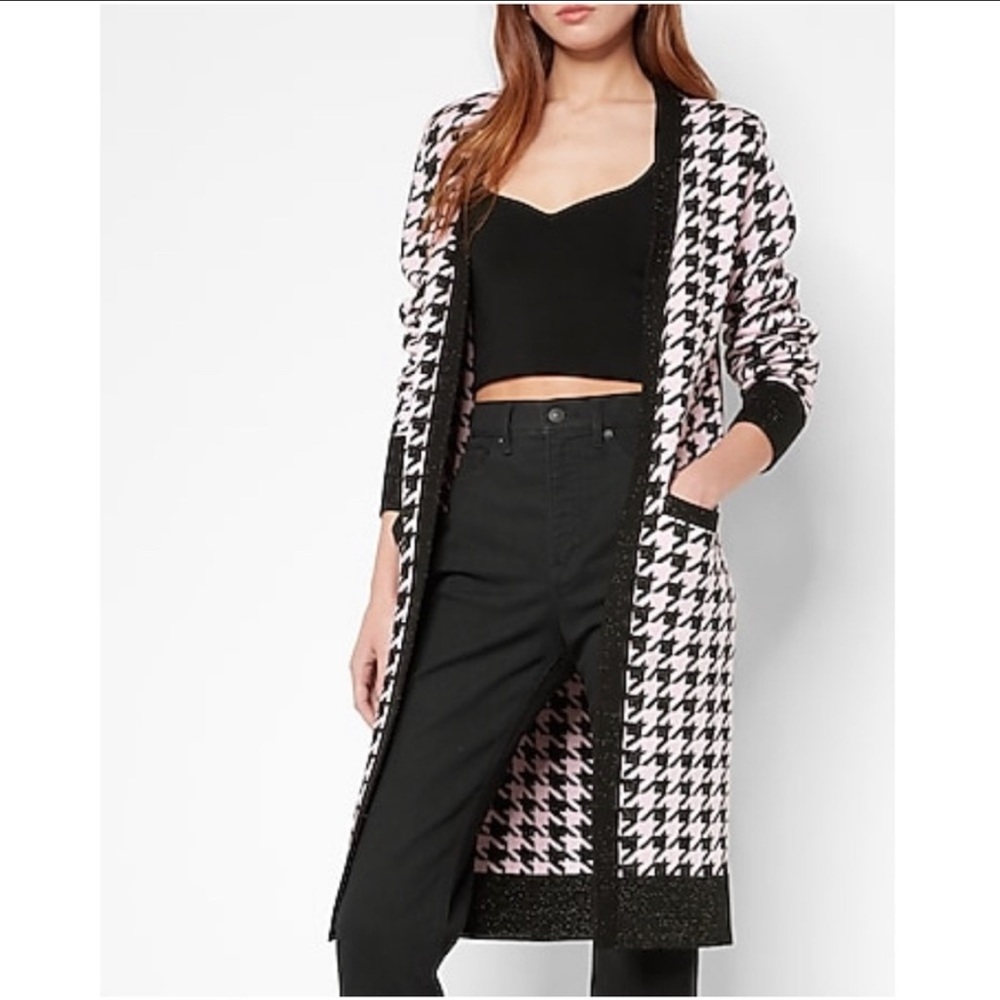 EXPRESS Metallic Houndstooth Print Duster Cardigan in Pink Print M